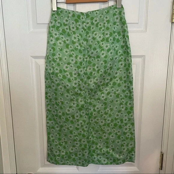 𝅺SANDRO Paris Silk & Linen Green Long Floral Print Botton Skirt with slit 0 - Picture 7 of 12